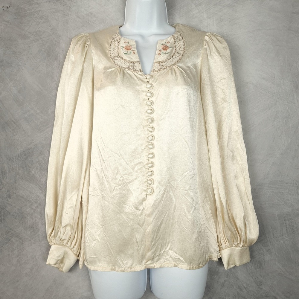 Vntg Jessicas Gunnies Blouse Juniors 7 Satin Puff Sleeve Floral Ren Gunne Sax